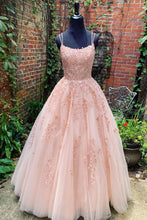 Pink Tulle Lace Long Prom Dress Scoop Spaghetti Formal Evening Gowns JKP407|Annapromdress