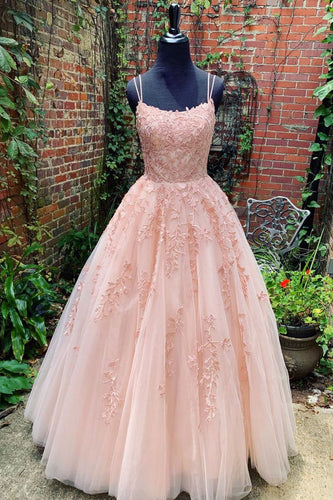 Pink Tulle Lace Long Prom Dress Scoop Spaghetti Formal Evening Gowns JKP407|Annapromdress