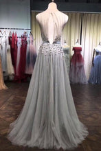 Gray Tulle Lace Beads Long Prom Dress, Gray Tulle Evening Dress JKG012|Annapromdress