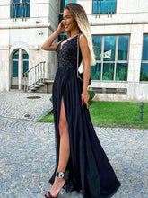 Black V Neck Chiffon  Lace Long Prom Evening Dress GJS719