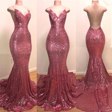 Glitter Pink Sequins V Neck Mermaid Long Prom Evening Dress ZXS322