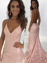 Amazing Pearl Pink Mermaid V Neck Lace Long Backless Prom Dresses GJS260