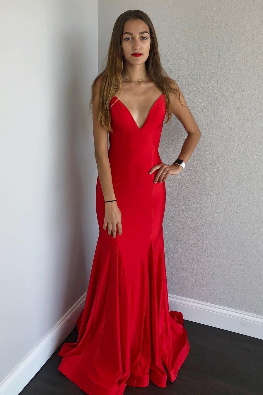 Sexy Spaghetti Straps Mermaid Satin Long Red Prom Dress with Open Back NA634