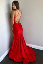Sexy Spaghetti Straps Mermaid Satin Long Red Prom Dress with Open Back NA634