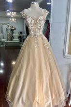 Champagne Tulle Lace Flower Long Prom Dress,Formal Evening Dress JKP506