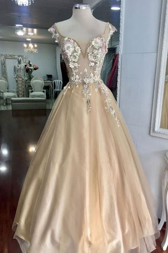 Champagne Tulle Lace Flower Long Prom Dress,Formal Evening Dress JKP506