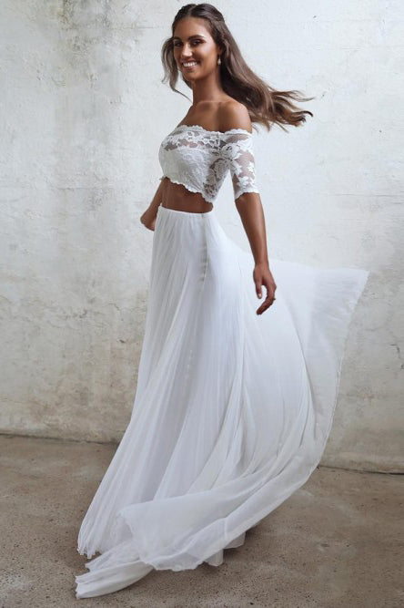 Chic Two Piece Boho Wedding Dress A Line Lace Beach Wedding Gowns YSQ5914