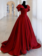 Burgundy Off Shoulder Satin Long Prom Evening Dress GJS677