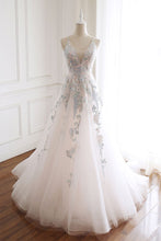 White V Neck Tulle Appliqued Long Prom Evening Dress JKP504