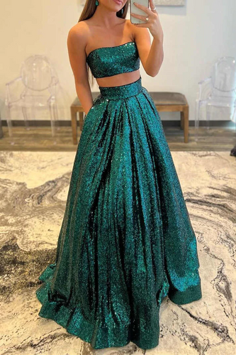 Emerald Green Sequins Two Piece Long Prom Dress GJS621