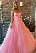 Shiny Pink Tulle Spaghetti Straps Sparkly  Long Prom Formal Evening Dress  ZXS707