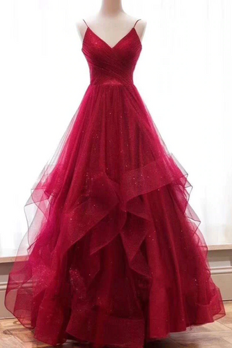 A Line Red Sweetheart Tulle Layered Long Prom Dresses GJS635