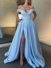 Blue Off the Shoulder V Neck Long Prom Formal Dresses with Slit  GJS369