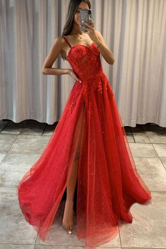 A-line Tulle Red Long Prom Formal Dresses with Appliques GJS371