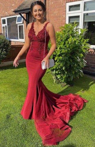 Sexy Red Mermaid Long Prom Formal Dresses with Appliques GJS370