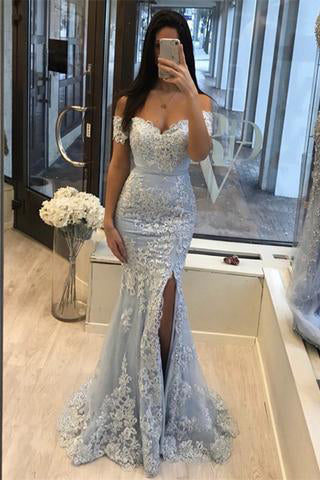 Off The Shoulder Lace Mermaid Prom Dresses With Slit GJS349