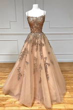 Spaghetti Straps Champagne Lace Tulle Long Prom Dress GJS696