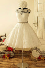 Ivory Lace Cap Sleeve Short Wedding Dress with Belt Tea Length Wedding Gowns JKT324