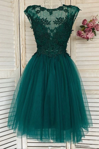 Round Neck Green Lace Short Prom Homecoming Formal Graduation Evening Dress GJS691