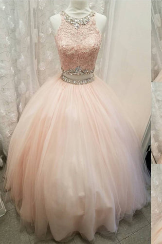 Elegant Lace Crop Top Pink Tulle Ball Gown Quinceanera Dresses Two Piece GJS396