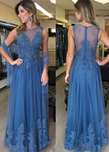 Blue Sleeveless A-line Long Tulle Prom Dress Lace Appliques Women Evening Dress GJS618