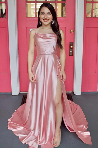 Simple Pink Satin Long Prom Dress with High Slit GJS698