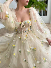 Princess Tulle Embroidered Tea Dress Wedding Long Prom Evening Dress GJS597