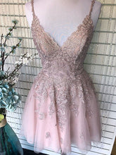 Dusty Blush Tulle Spaghetti Straps V-Neck A-Line Cute Homecoming Dress AN8804|Annapromdress