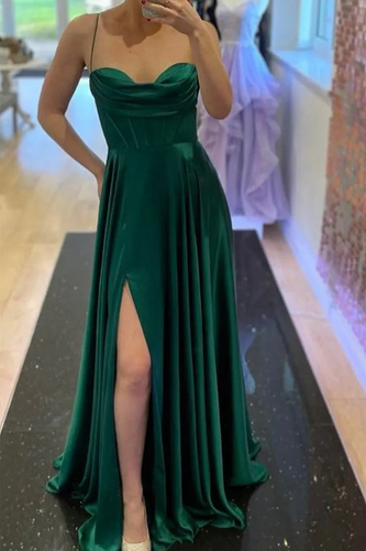 Elegant Green Satin Long Prom Dress with High Slit Formal Graduation Evening Dress GJS682