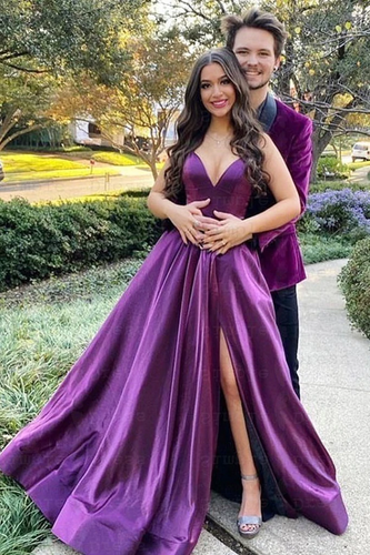 V Neck Backless Purple Satin Long Prom Dress with High Slit GJS702