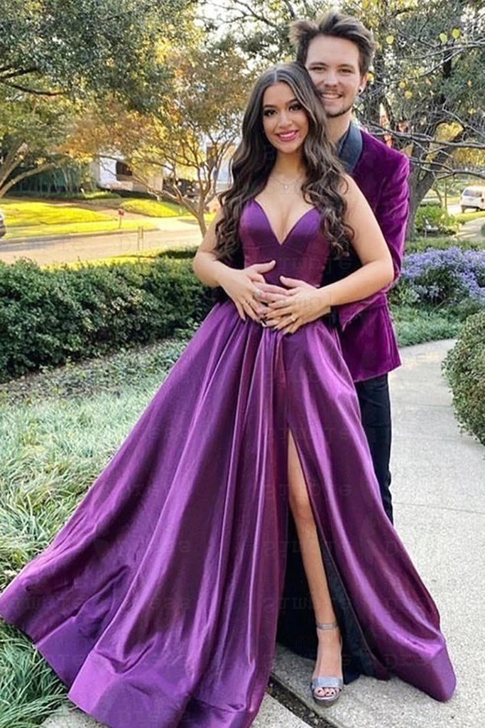 V Neck Backless Purple Satin Long Prom Dress with High Slit GJS702 – Anna PromDress