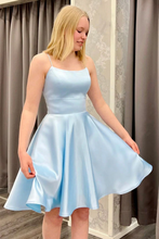 Cute Backless Short Light Blue Satin Prom Homecoming Dress GJS709