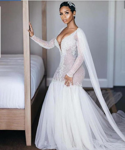 Sparkly Long Sleeves Wedding Dresses Romantic Beading Mermaid Bridal Gown Wedding Gown JKL2022