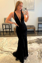 V Neck Mermaid Black Lace Long Prom Dress, Mermaid Black Formal Dress GJS699