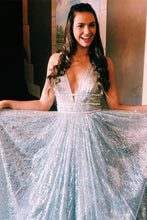 A-line V-neck Silver Sparkle Prom Dress Formal Evening Gowns JKQ134