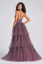 Purple High-Low V-Neck Sleeveless Lace Appliques Tulle Long Prom  Dress GJS471