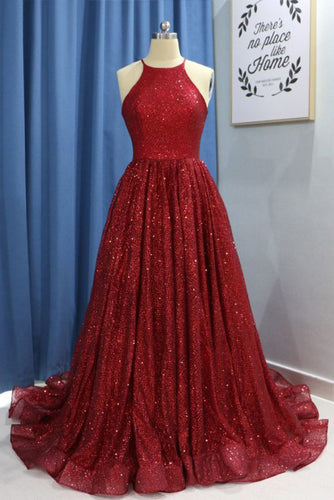 A Line Red Halter Shiny Long Prom Dresses GJS637