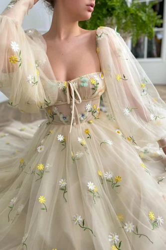 Princess Tulle Embroidered Tea Dress Wedding Long Prom Evening Dress GJS597