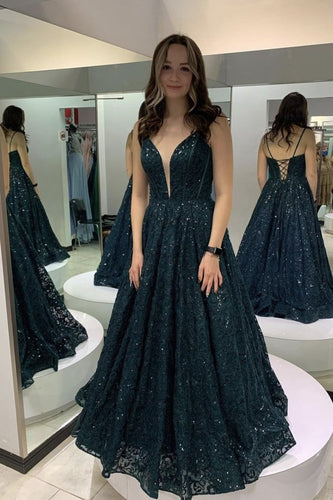 Dark Lace Sequins Deep V Neck Long Prom Dress Evening Gown GJS211