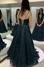 Dark Lace Sequins Deep V Neck Long Prom Dress Evening Gown GJS211