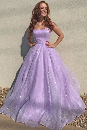 Purple Sparkly Spaghetti Straps Lilac Long Prom Dresses With Sequins GJS234