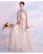Short Sleeve Prom Dresses A Line Floor-length V-neck Stars Lace Long Prom Dress JKL1407|Annapromdress