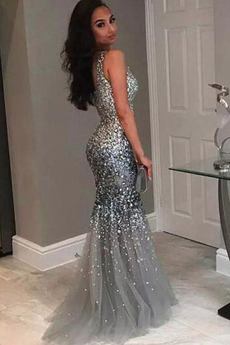 Silver Mermaid Jewel Sleeveless Floor-Length Sequin Tulle Dresses GJS150