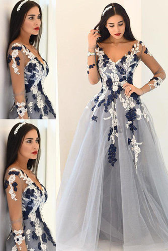 Blue Sheer Sleeves Appliques A-Line Princess Tulle Prom Dresses GJS149