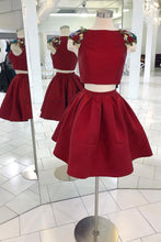 Burgundy two pieces satin short prom dress, burgundy homecoming dress JKF011|Annapromdress