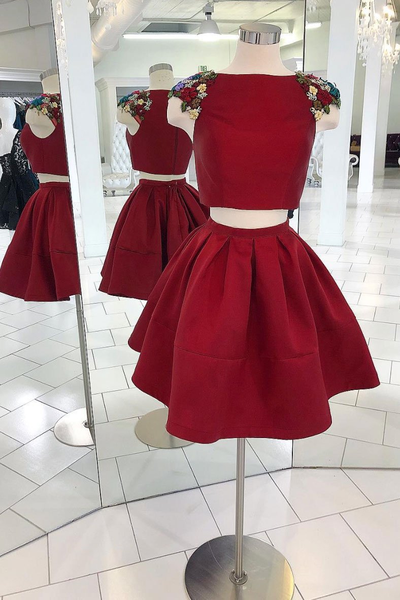 Burgundy two pieces satin short prom dress, burgundy homecoming dress Anna PromDress Burgundy two pieces satin short prom dress, burgundy homecoming dress Anna PromDress