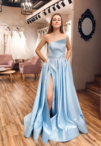 Strapless Satin Light Blue Slit A Line Simple Prom Dresses With Pocktets JKQ5211|annapromdress