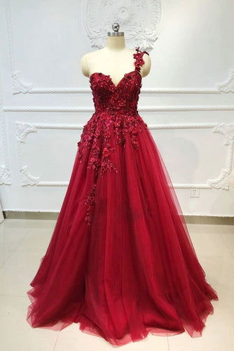 Burgundy tulle lace one shoulder long prom dress, burgundy bridesmaid dress LBQX1117
