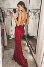 Attractive V-neck Spaghetti Straps Burgundy Mermaid Prom Dress Glitter JKQ129