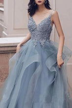 A-line V-neck Tulle Appliques Long Prom Dress Formal Evening Gowns JKQ132